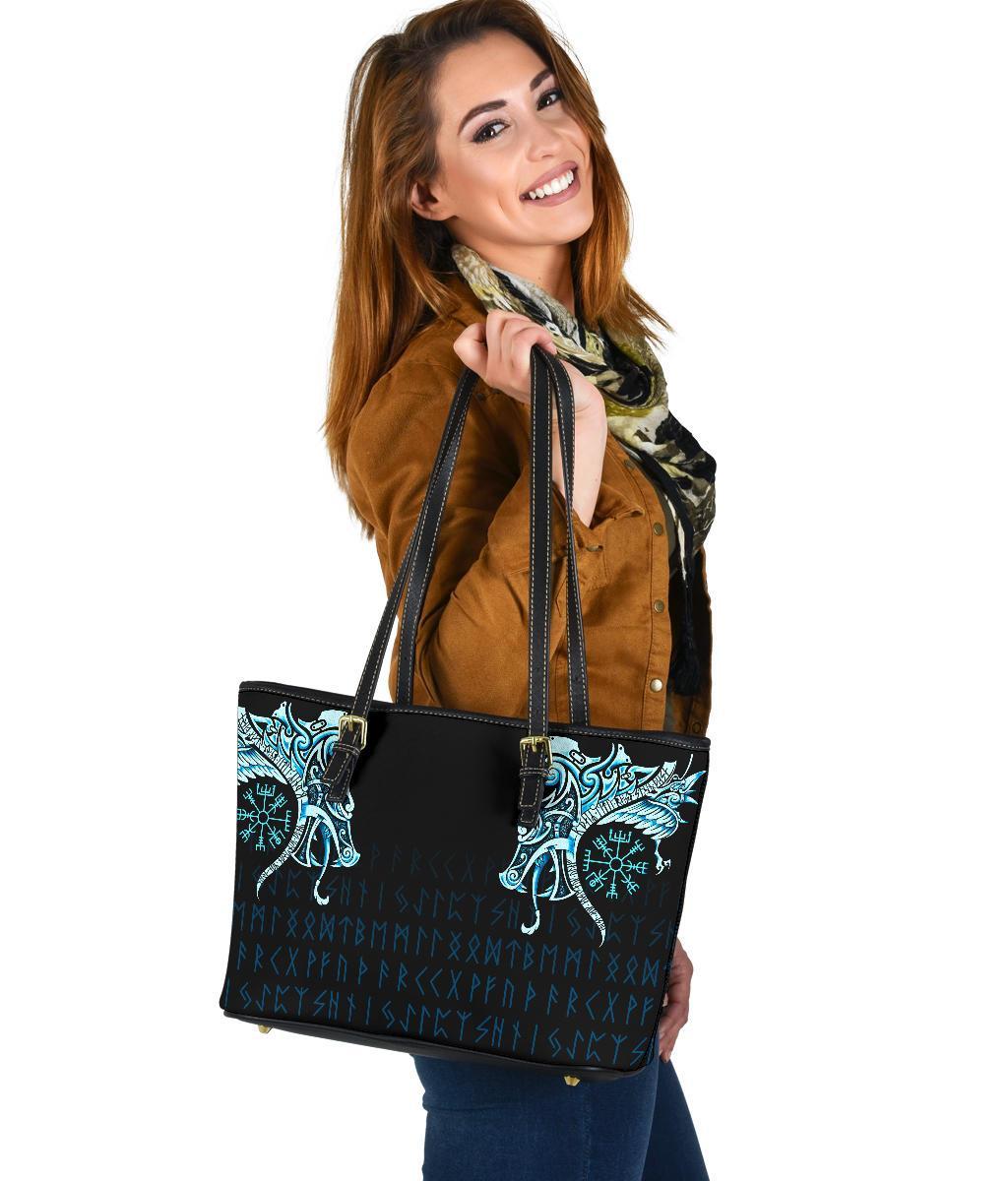 Viking Small Leather Tote, Fenrir Raven and Vegvisir Tattoo Cyan RLT12 - Wonder Print Shop