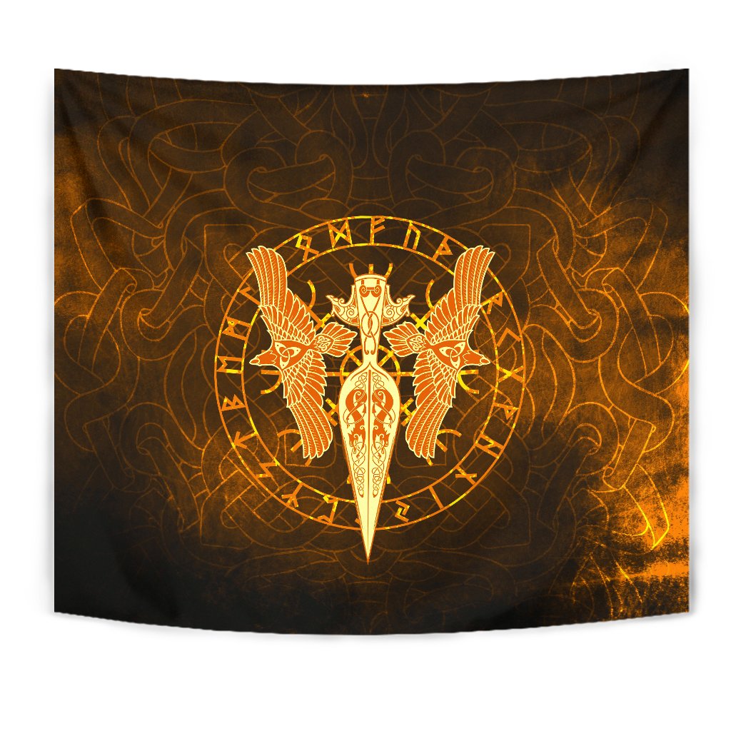 Viking Tapestry Gold Spear Of The God Odin - Gungnir and Two Gold Ravens RLT12 - Wonder Print Shop