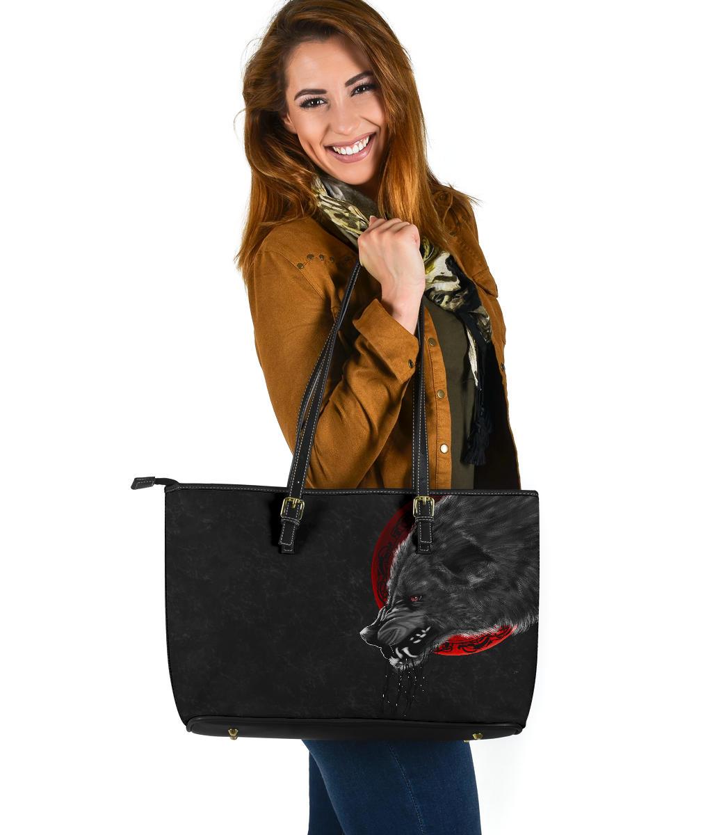 Viking Large Leather Tote Wolf and Blood Moon RLT12 - Wonder Print Shop