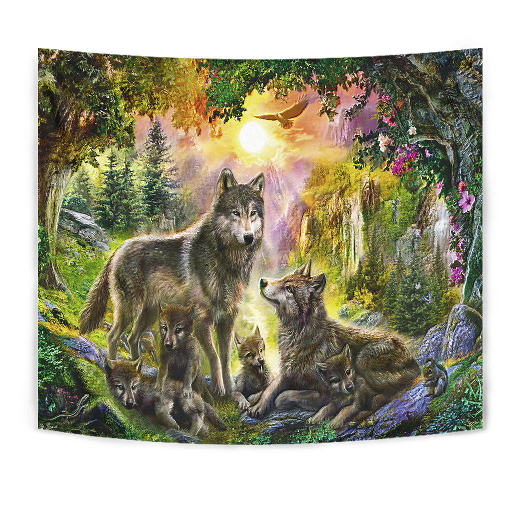 Native American Wolf Happiness Family In The Spring Forest Tapestry LT10 - Wonder Print Shop