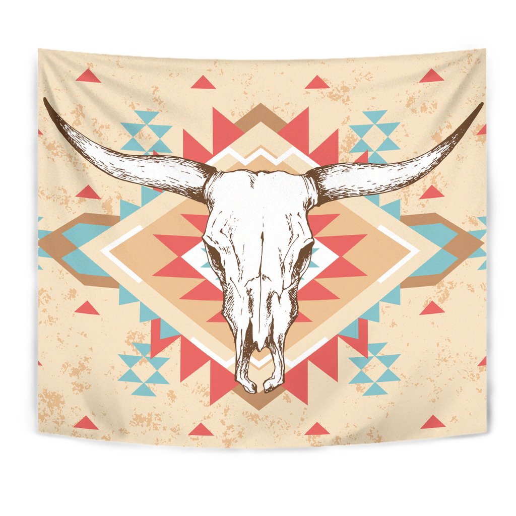 Cream wall tapestry featuring bison skull center and colorful geometric triangles