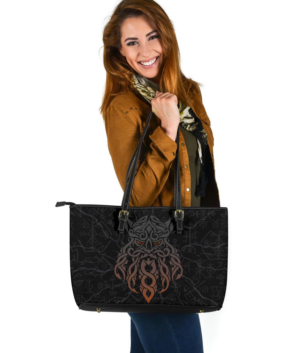Viking Large Leather Tote Bag, Odin God Furthark Tattoo Special RLT12 - Wonder Print Shop