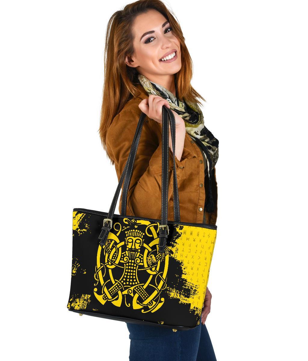 Viking Small Leather Tote Bag, Loki Bound Triskele Rune Gold RLT12 - Wonder Print Shop