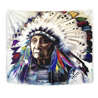 Chief portrait tapestry with multicolor feather headdress, bold graphic design