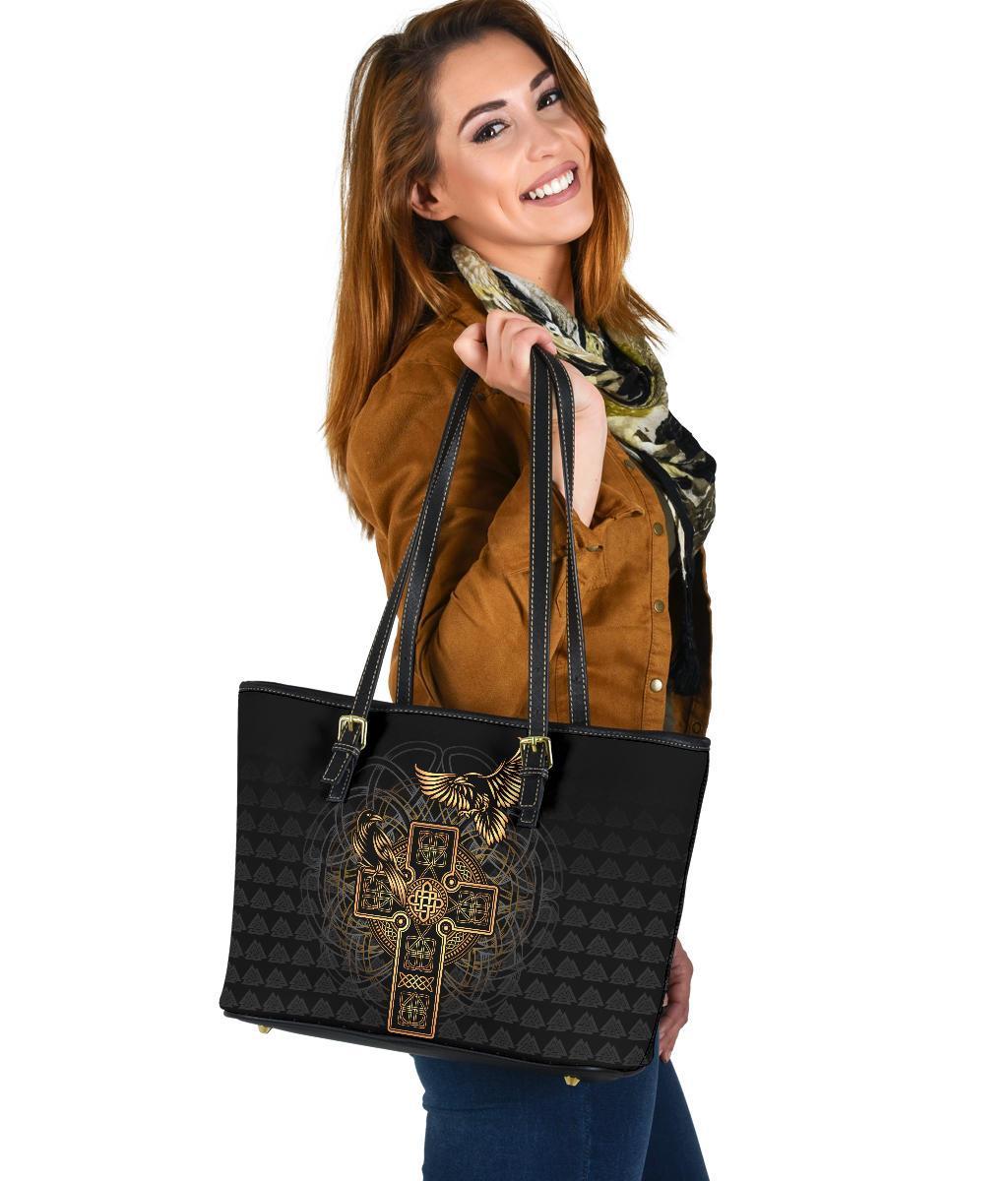 Viking Small Leather Tote - Odin's Celtic Raven Tattoo RLT12 - Wonder Print Shop