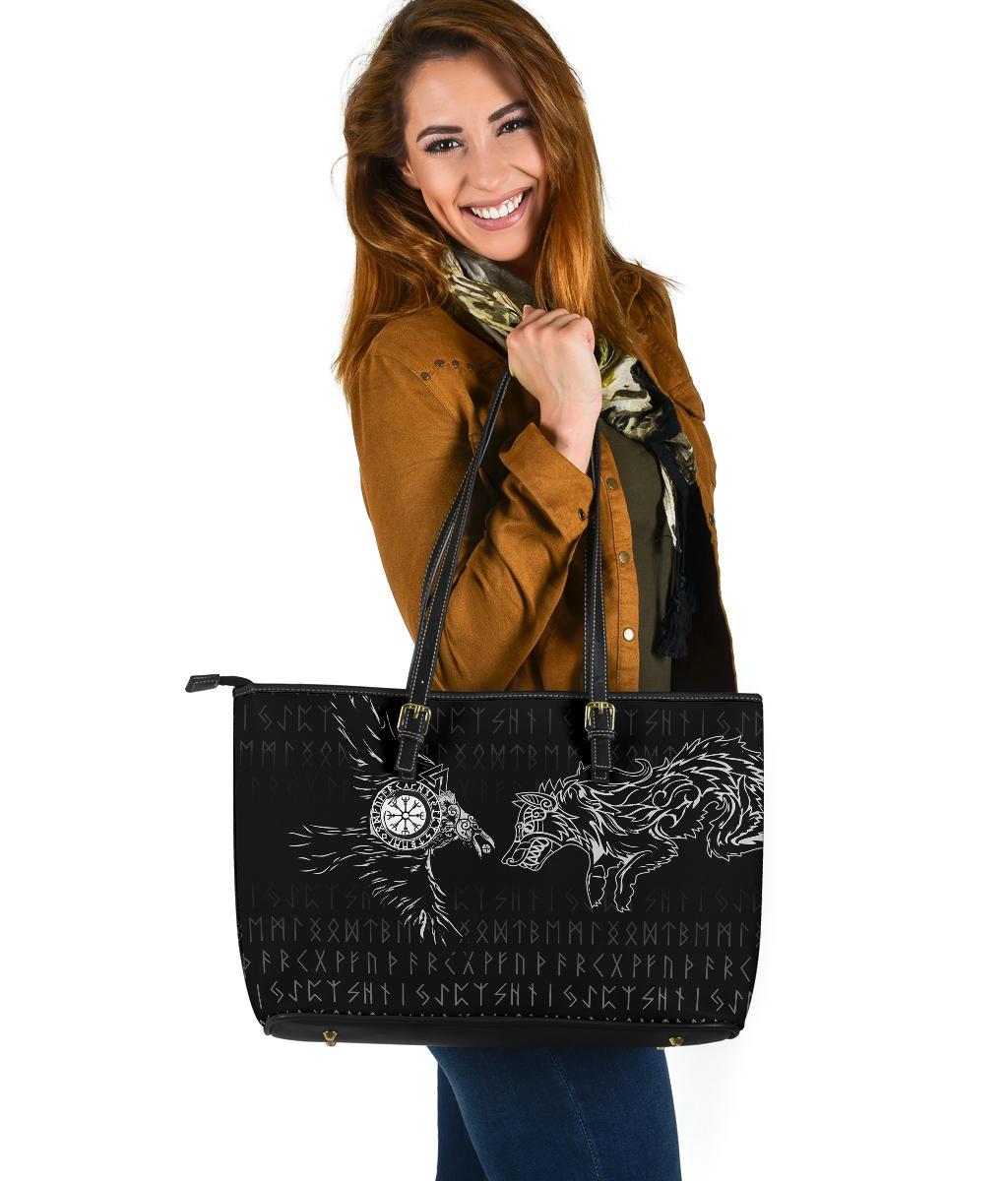 Viking Large Leather Tote Raven and Wolf Special Tattoo RLT12 - Wonder Print Shop
