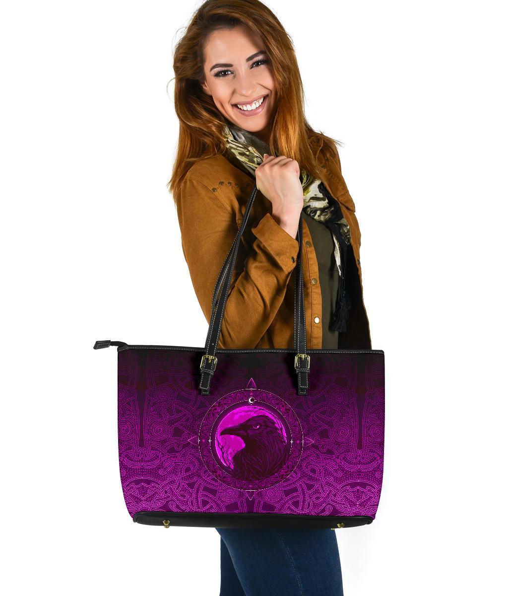 Viking Large Leather Tote Bag, Ethnic Odin Raven Pink RLT12 - Wonder Print Shop