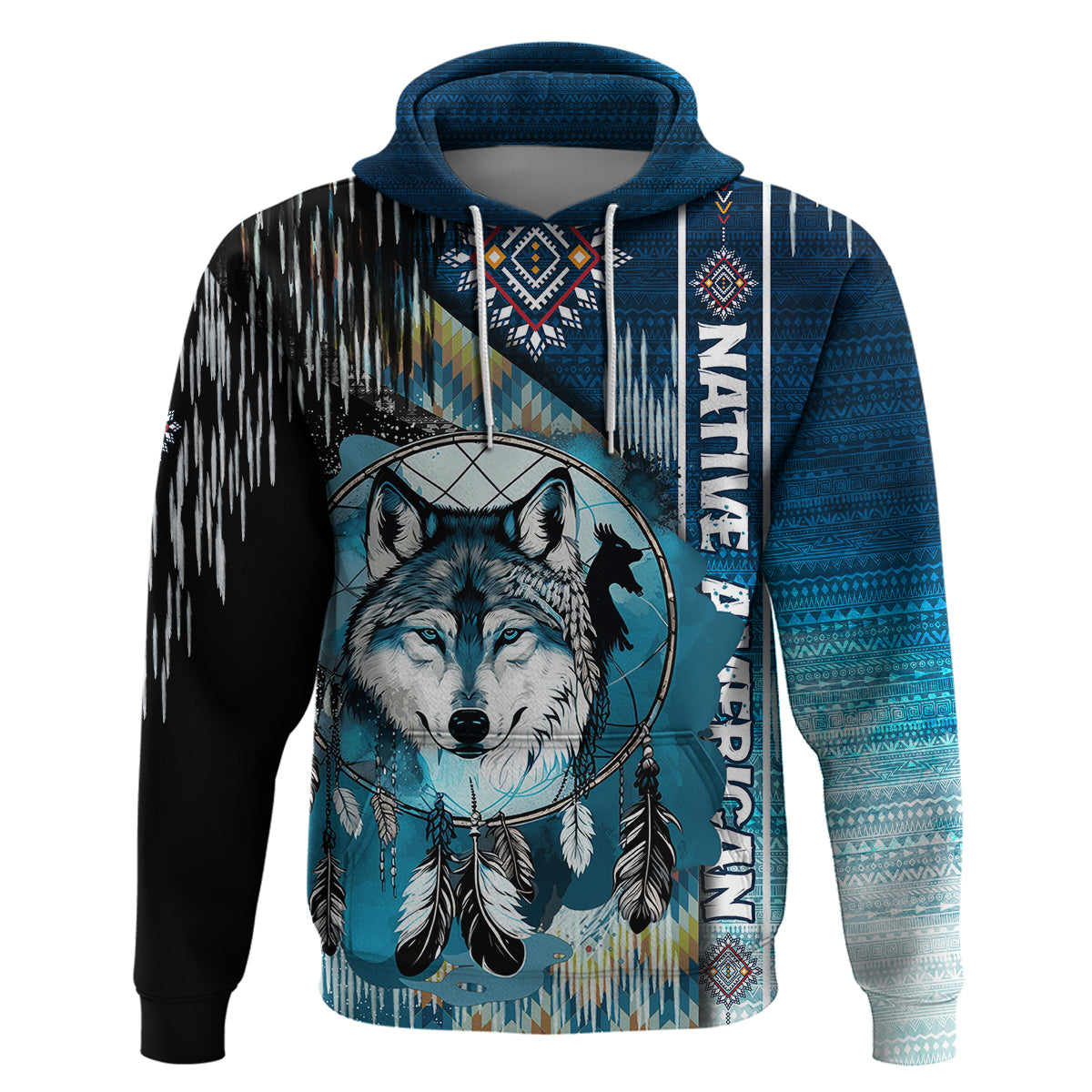 Native American Wolf Dreamcatcher Blue Hoodie - Wonder Print Shop