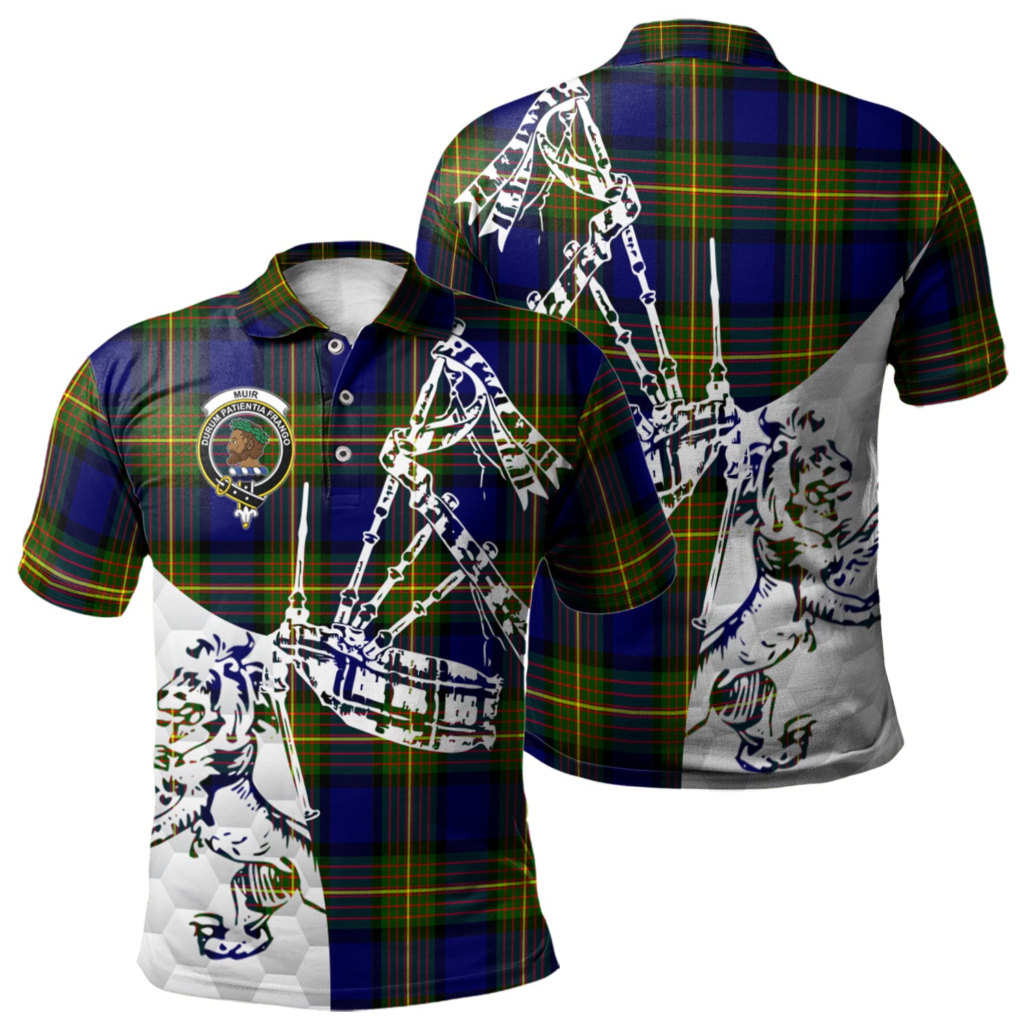 scottish-muir-clan-crest-tartan-polo-shirt-lion-and-bagpipes-style