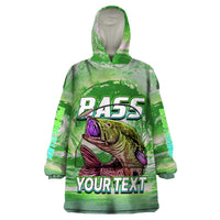 Green wearable fishing hoodie blanket, front bass graphic with 'YOUR TEXT', hooded sleeves.
