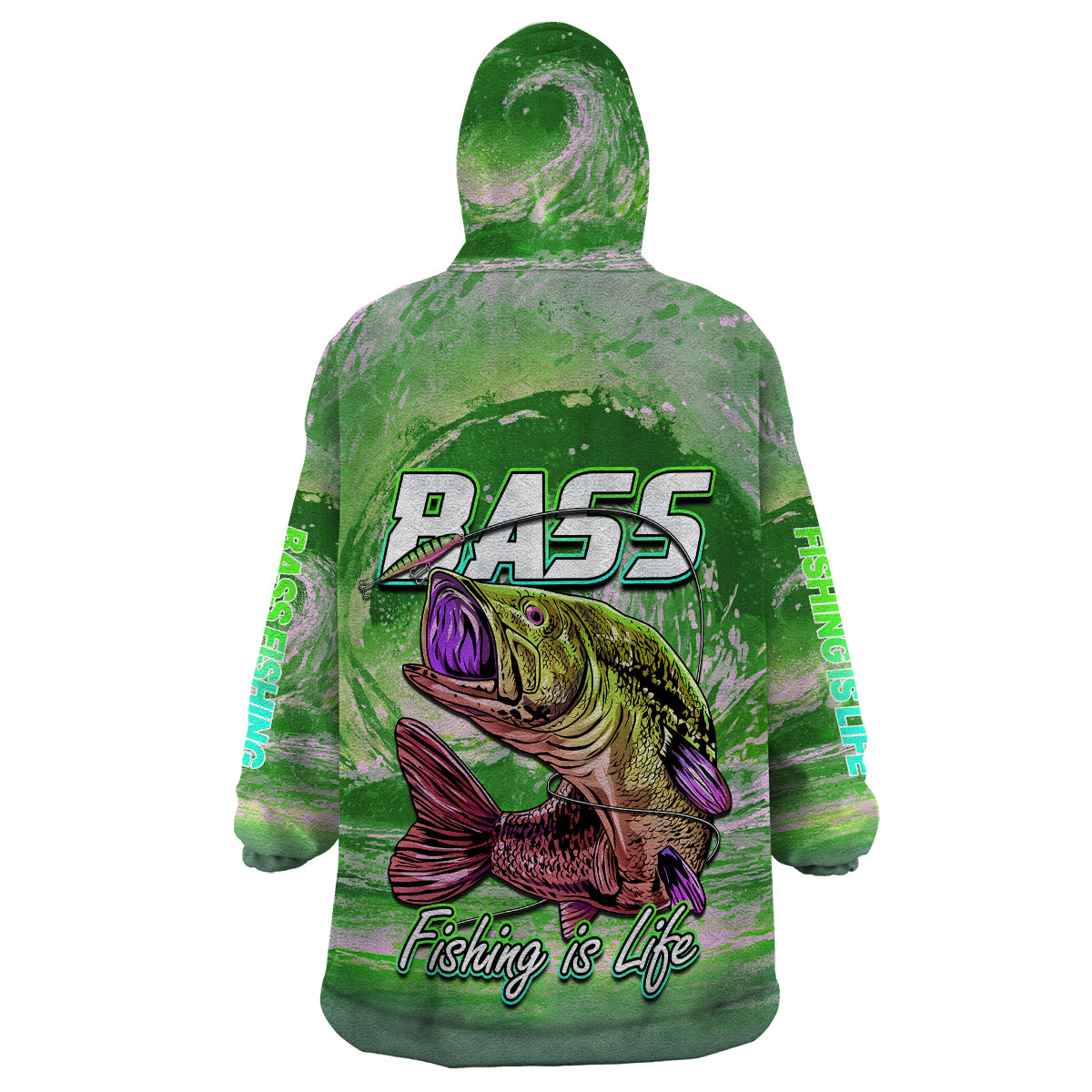 Green wearable fishing hoodie blanket, back with bass graphic and 'Fishing is Life' text.