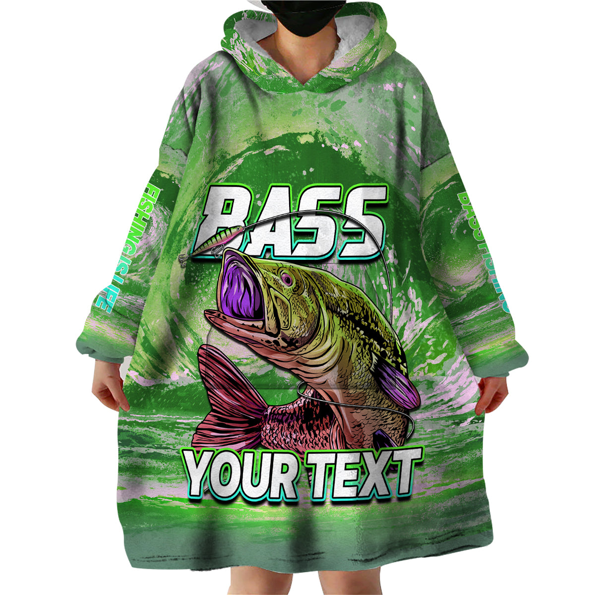 Green wearable fishing hoodie blanket, front bass graphic with 'BASS' and 'YOUR TEXT', hood.