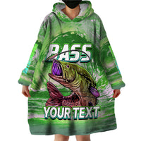 Green wearable fishing hoodie blanket, front bass graphic with 'BASS' and 'YOUR TEXT', hood.