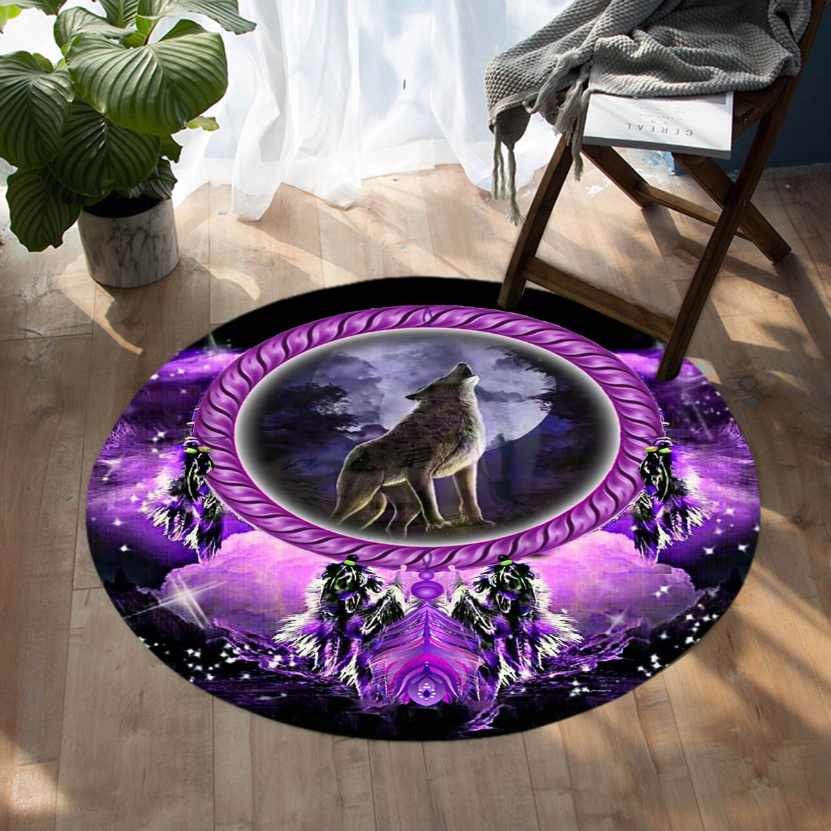 native-american-howling-wolf-dream-catcher-round-carpet