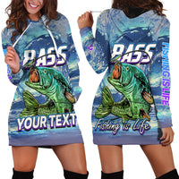 Blue hoodie dress with large bass fishing graphic, kangaroo pocket, long sleeves