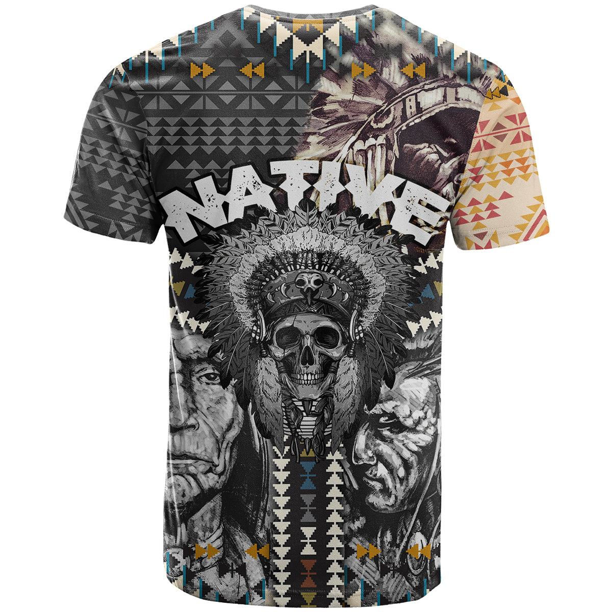 Native American Headdress Gray With Human Skull African Pattern T Shirt - Wonder Print Shop