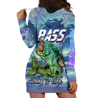 Blue hoodie dress back, BASS and Fishing is Life bass graphic, long sleeves
