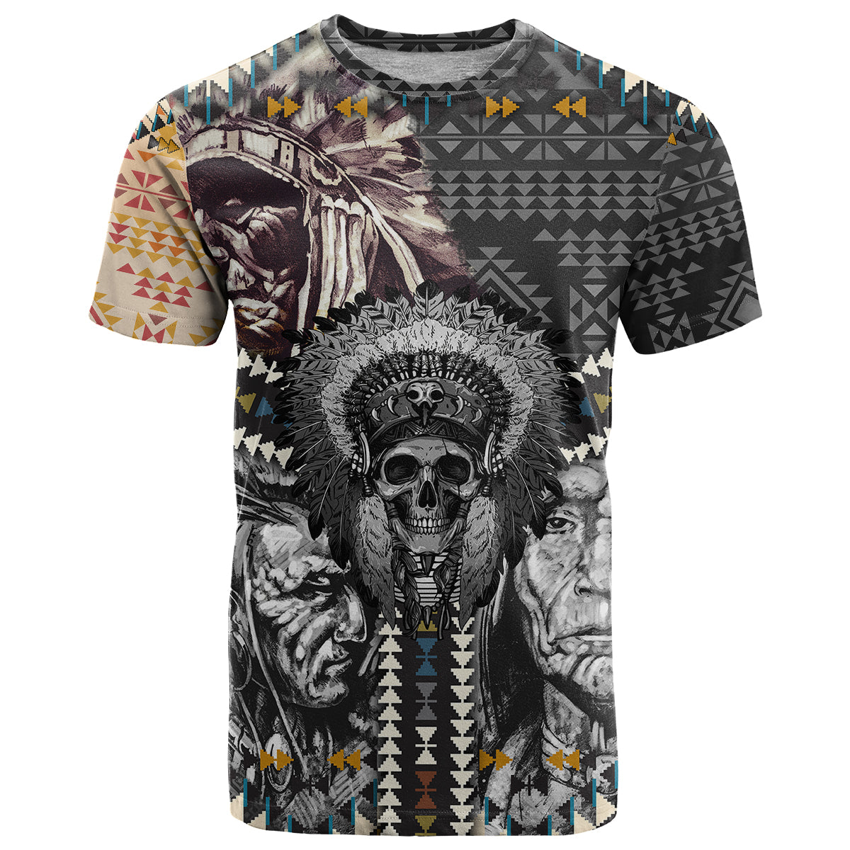 Native American Headdress Gray With Human Skull African Pattern T Shirt - Wonder Print Shop