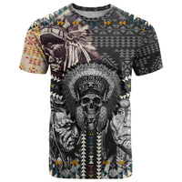 Native American Headdress Gray With Human Skull African Pattern T Shirt - Wonder Print Shop