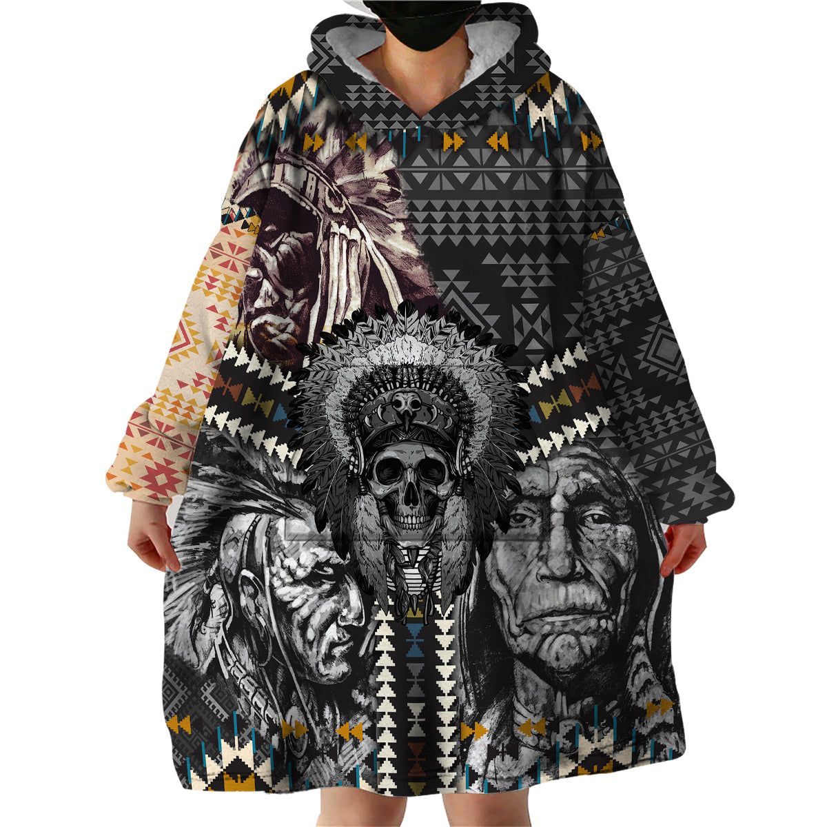 Native American Headdress Gray With Human Skull African Pattern Wearable Blanket Hoodie - Wonder Print Shop