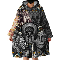 Native American Headdress Gray With Human Skull African Pattern Wearable Blanket Hoodie - Wonder Print Shop