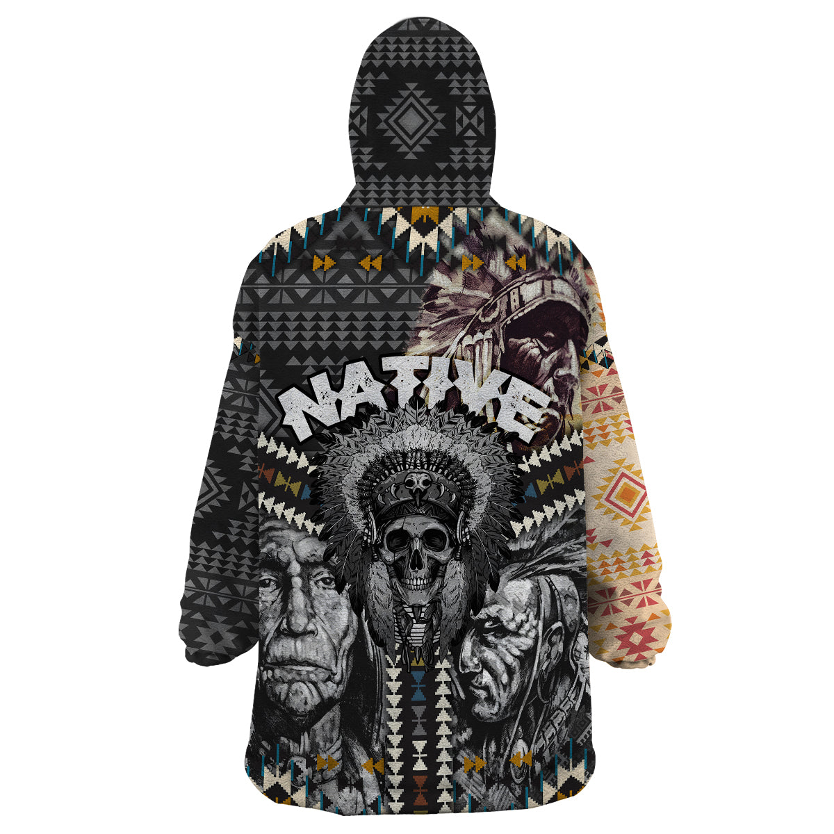 Native American Headdress Gray With Human Skull African Pattern Wearable Blanket Hoodie - Wonder Print Shop