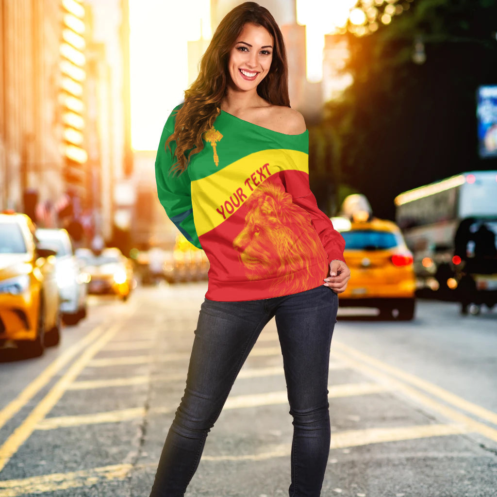 (Custom Personalised) Ethiopia Off Shoulder Sweater Ethiopian Cross and Lion of Judah LT13 - Wonder Print Shop