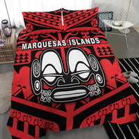 Close view of red and black Marquesas Islands face mask bedding with two pillow tops