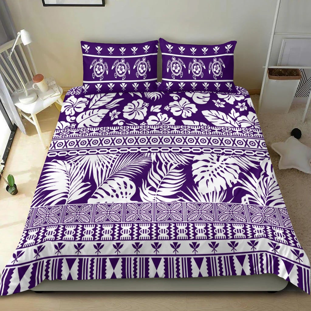 Purple & white tropical bedding set, detailed scroll and leaf motifs