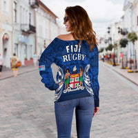 Fiji Rugby Off Shoulder Sweater Flying Fijians Blue Tapa Pattern LT13 - Wonder Print Shop