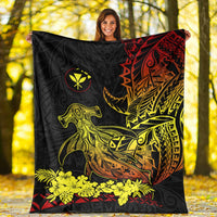 Black Hawaiian blanket with tribal hammerhead shark and tropical flowers, red and yellow accents