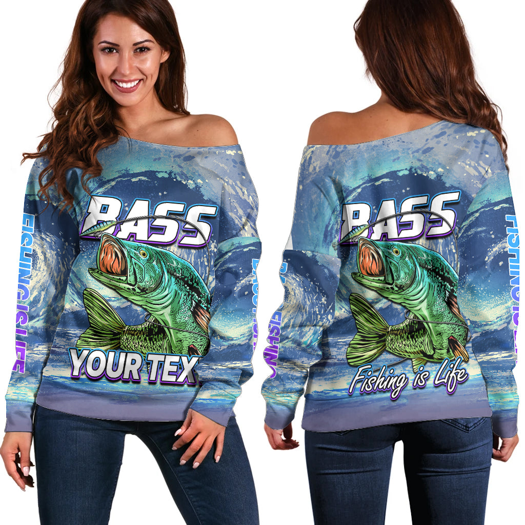 (Custom Personalised) Bass Fishing is Life Hook Sport Largemouth Blue Off Shoulder Sweater - Wonder Print Shop