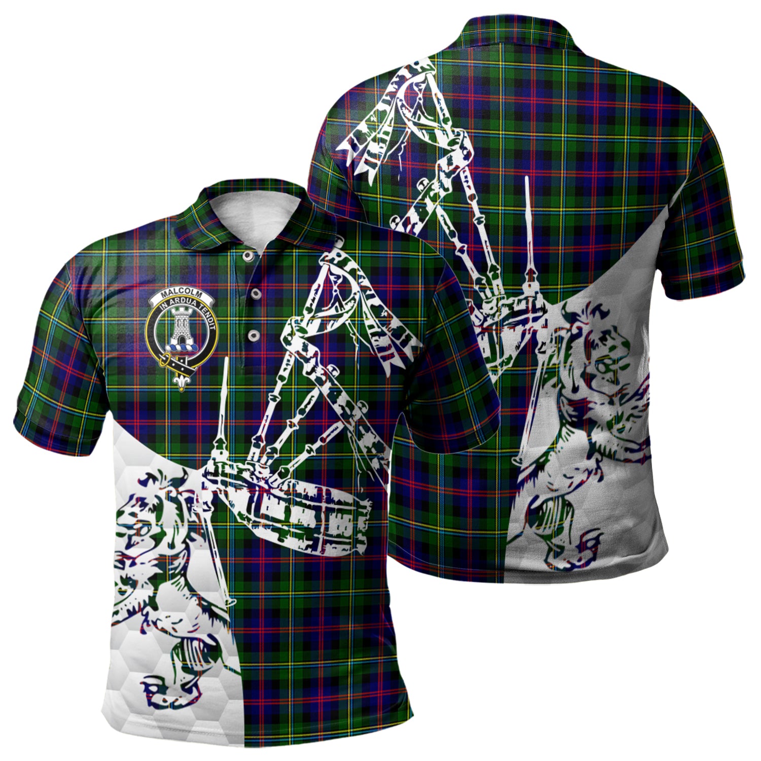 scottish-malcolm-clan-crest-tartan-polo-shirt-lion-and-bagpipes-style