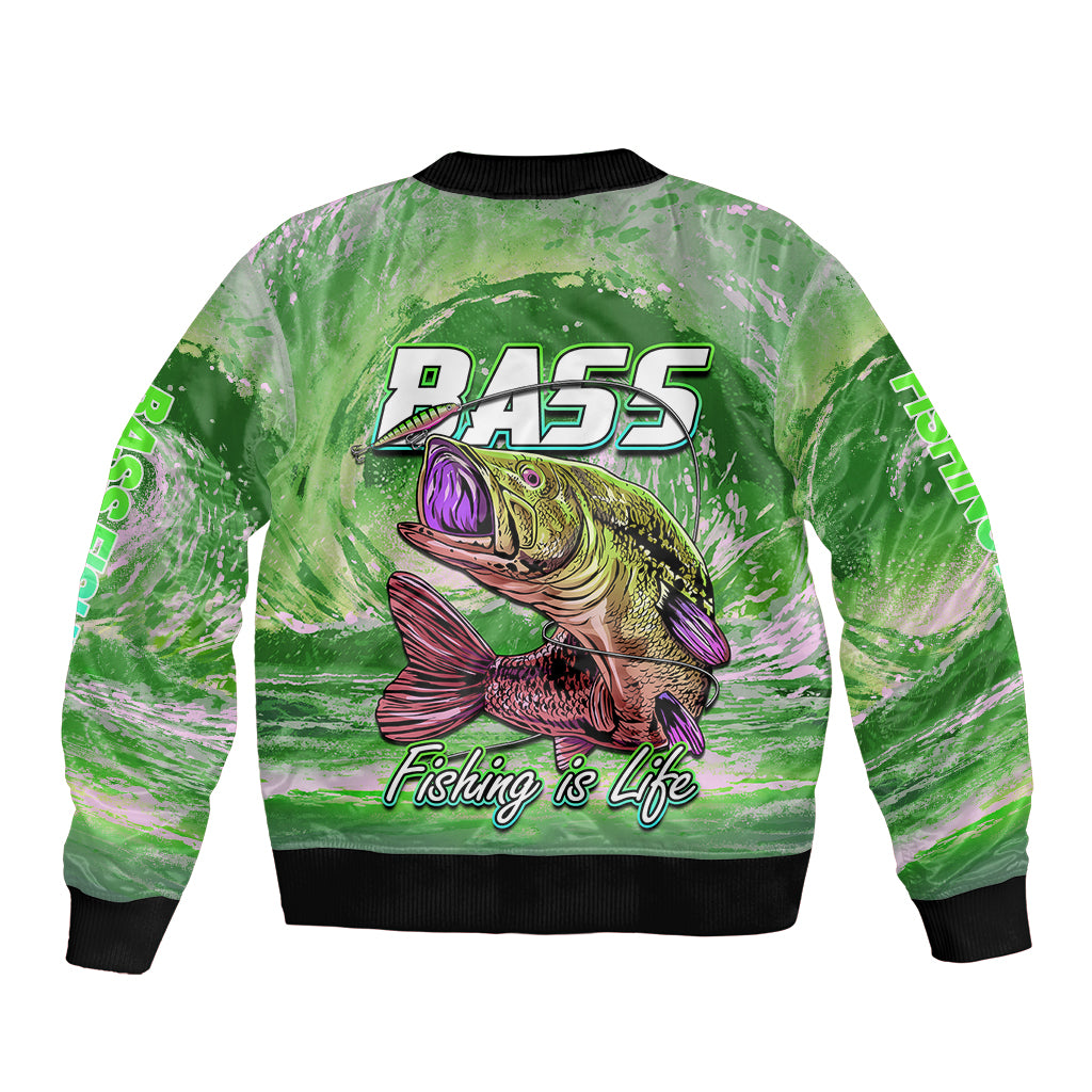 (Custom Personalised) Bass Fishing is Life Hook Sport Largemouth Green Sleeve Zip Bomber Jacket - Wonder Print Shop