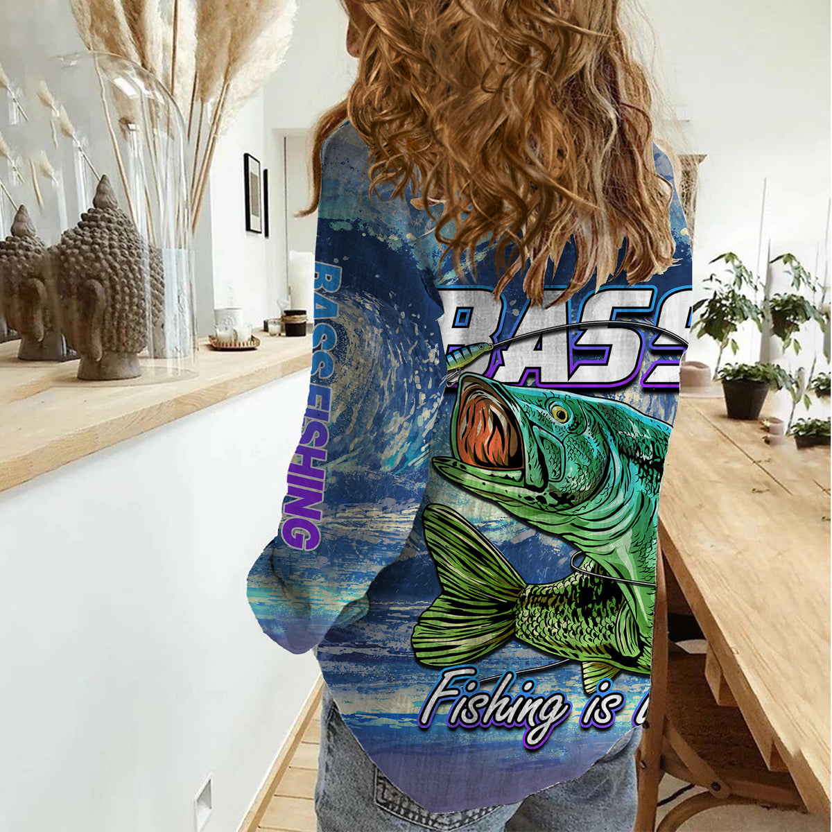 Blue womens casual shirt with bass fish graphic and bold '45' and 'Fishing is' text