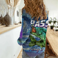 Blue womens casual shirt with bass fish graphic and bold '45' and 'Fishing is' text