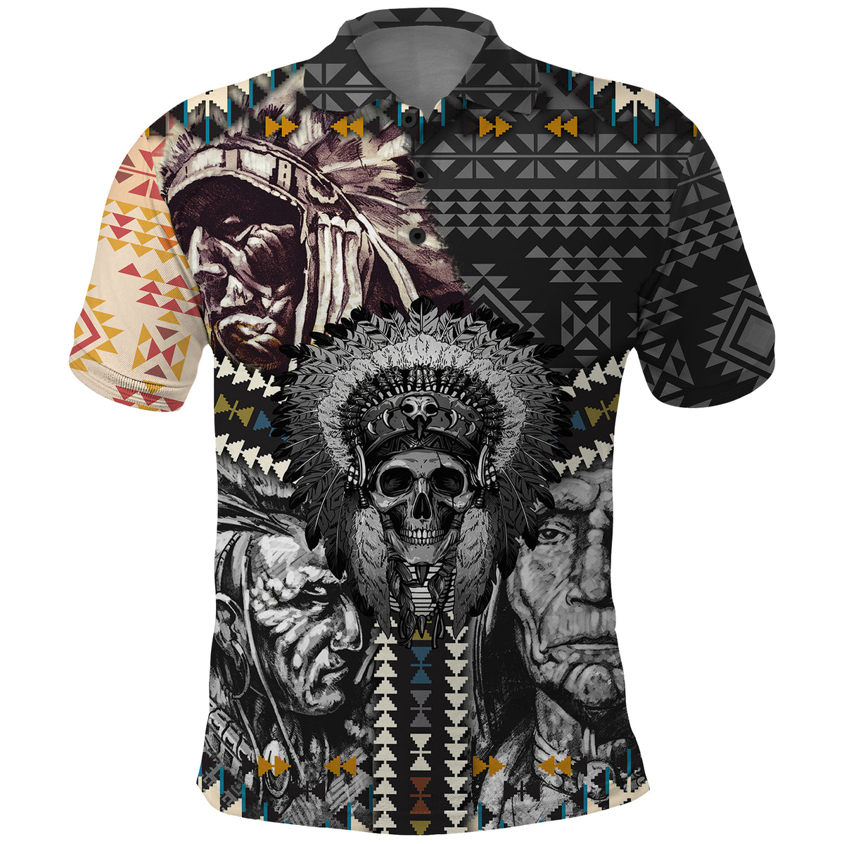 Native American Headdress Gray With Human Skull African Pattern Polo Shirt - Wonder Print Shop