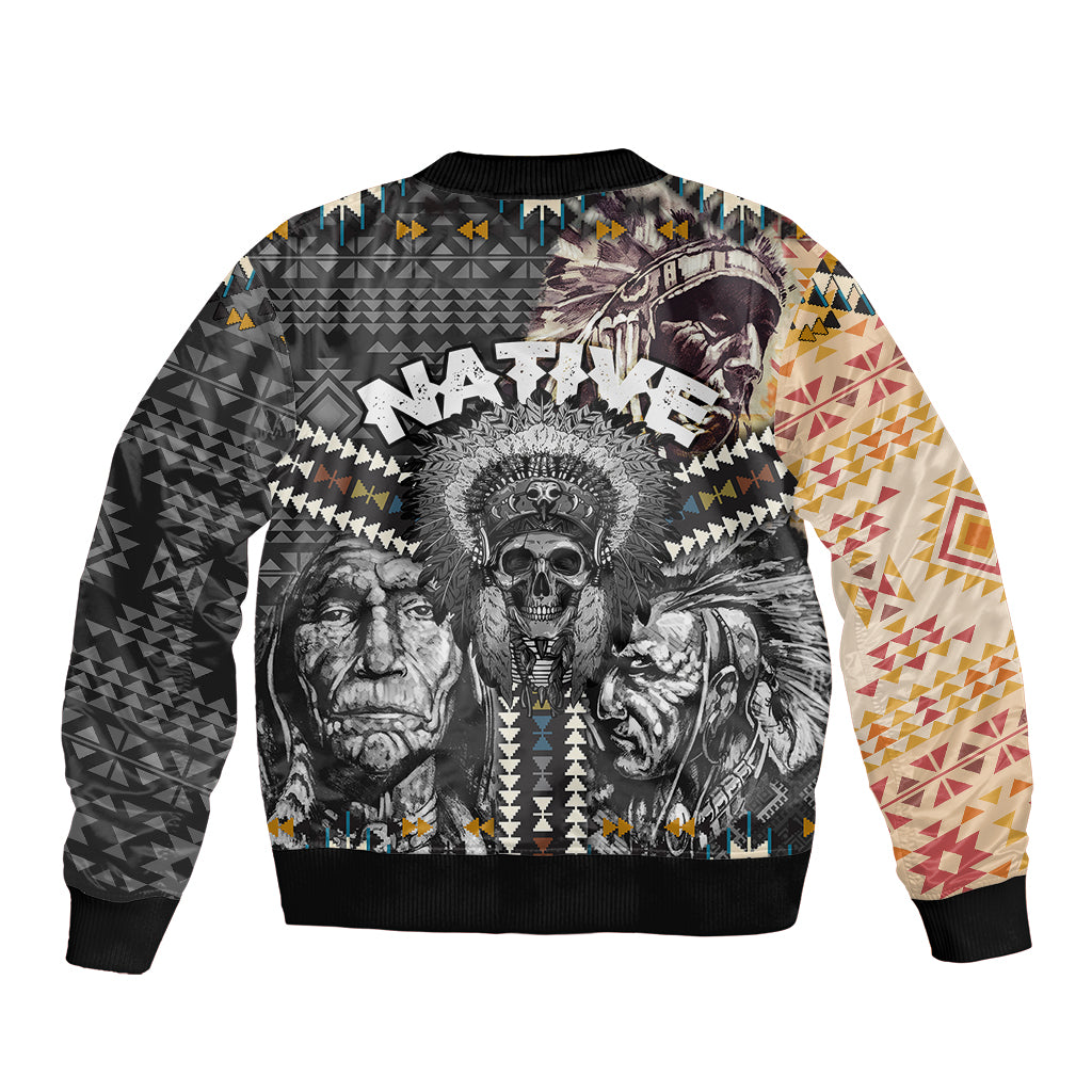 Native American Headdress Gray With Human Skull African Pattern Sleeve Zip Bomber Jacket - Wonder Print Shop