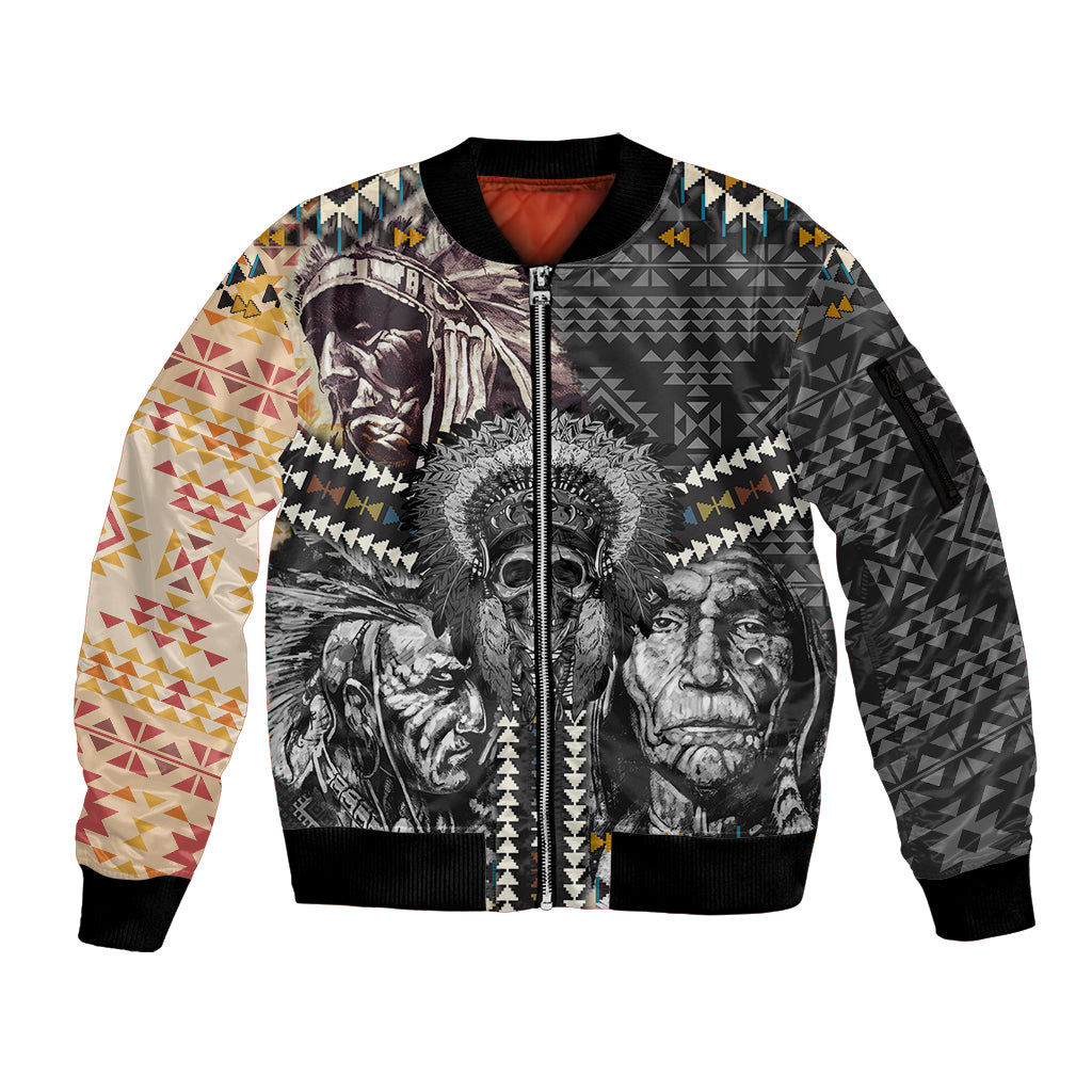Native American Headdress Gray With Human Skull African Pattern Sleeve Zip Bomber Jacket - Wonder Print Shop