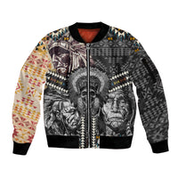 Native American Headdress Gray With Human Skull African Pattern Sleeve Zip Bomber Jacket - Wonder Print Shop