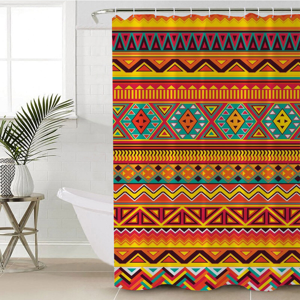Multicolor tribal geometric shower curtain with top grommets