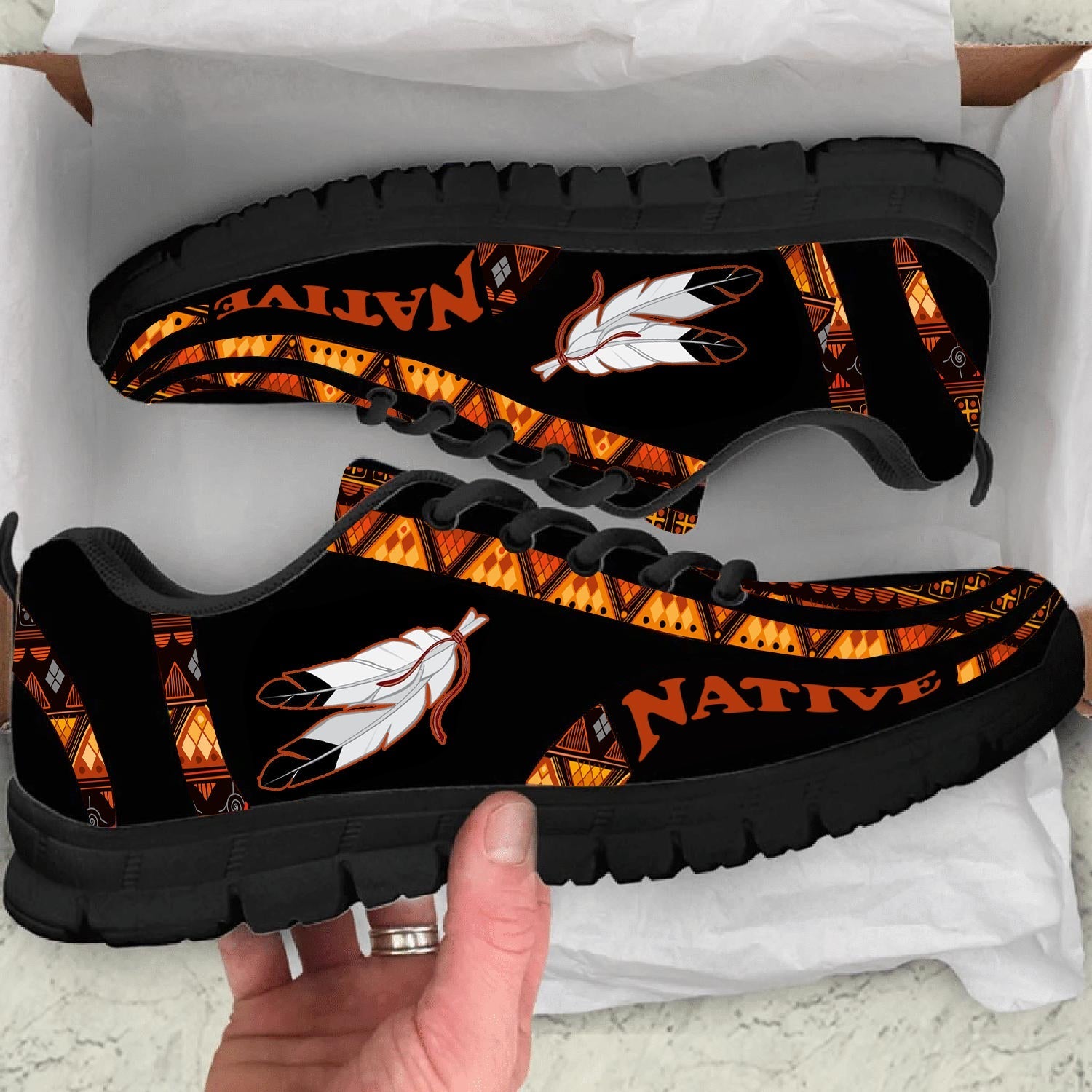 Orange Pattern Feather Native American Sneakers LT10 - Wonder Print Shop