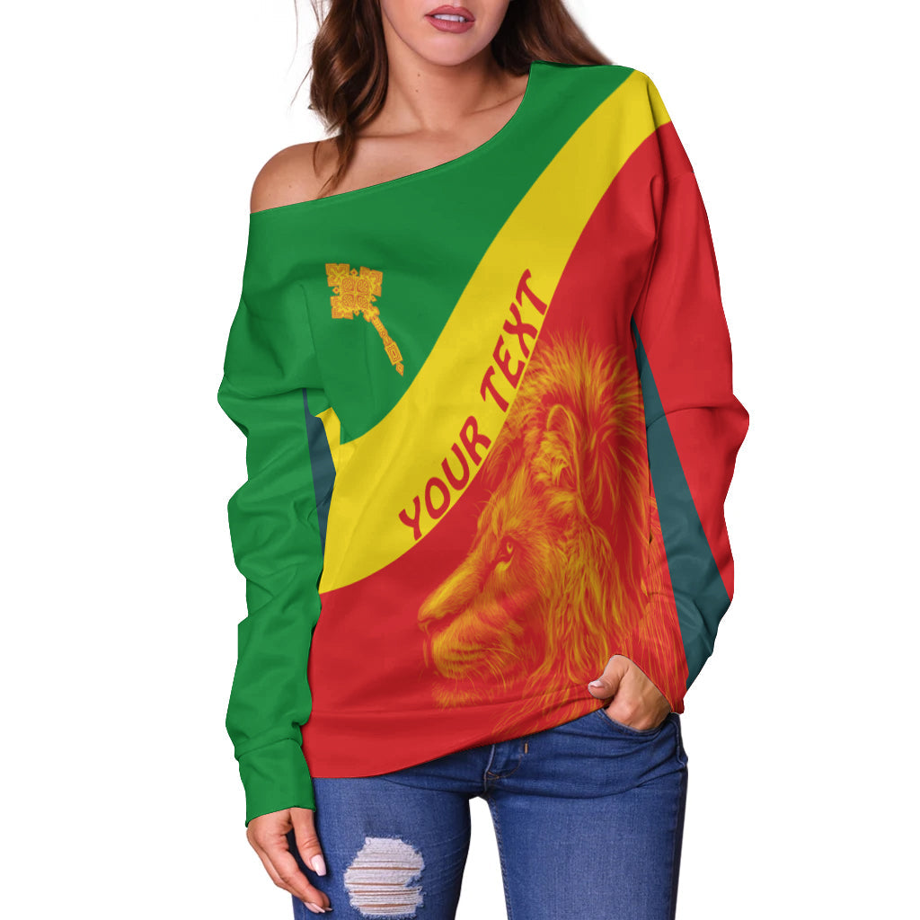 (Custom Personalised) Ethiopia Off Shoulder Sweater Ethiopian Cross and Lion of Judah LT13 - Wonder Print Shop