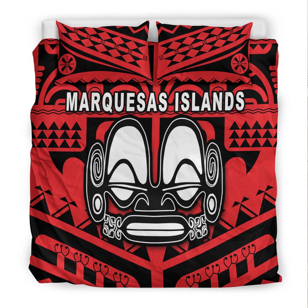 Red and black bedding set with Marquesas Islands face mask design, centered on comforter front