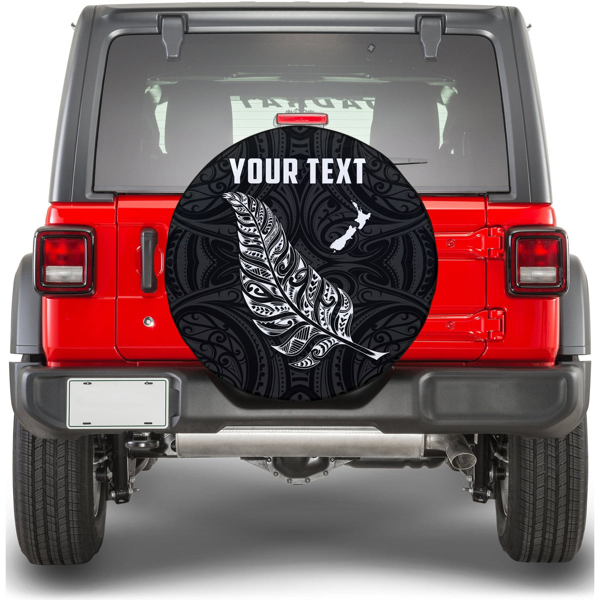 Black circular spare tire cover with white fern silhouette and 'YOUR TEXT' print