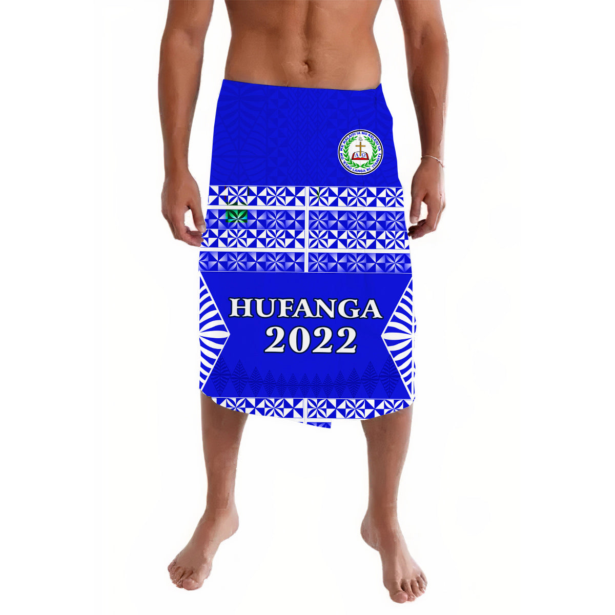 Blue patterned lavalava skirt with crest and HUFANGA 2022 graphic front
