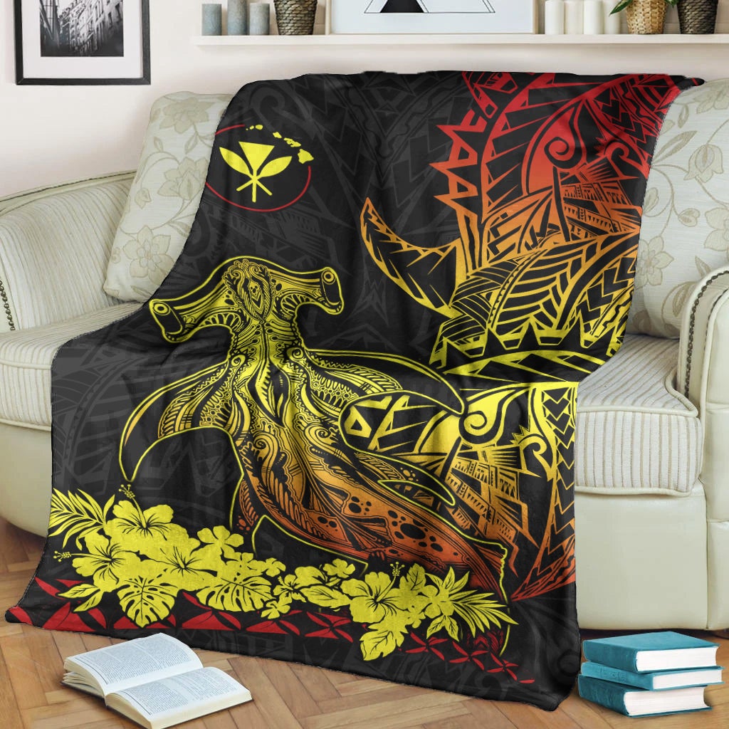 Black blanket on sofa with neon yellow hammerhead shark and floral border