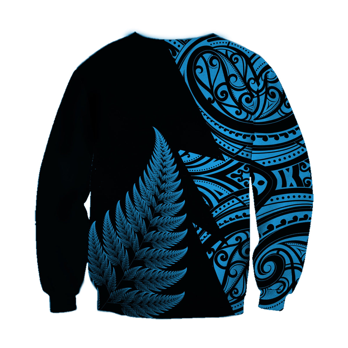 Unisex rugby sweatshirt, black with blue fern and large tribal circle print