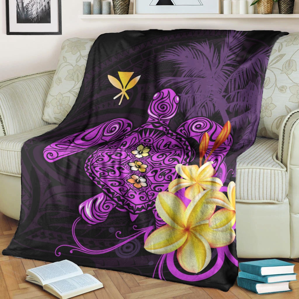 Purple Hawaiian blanket with turtle mandala, swirled flourishes and palm leaf accents