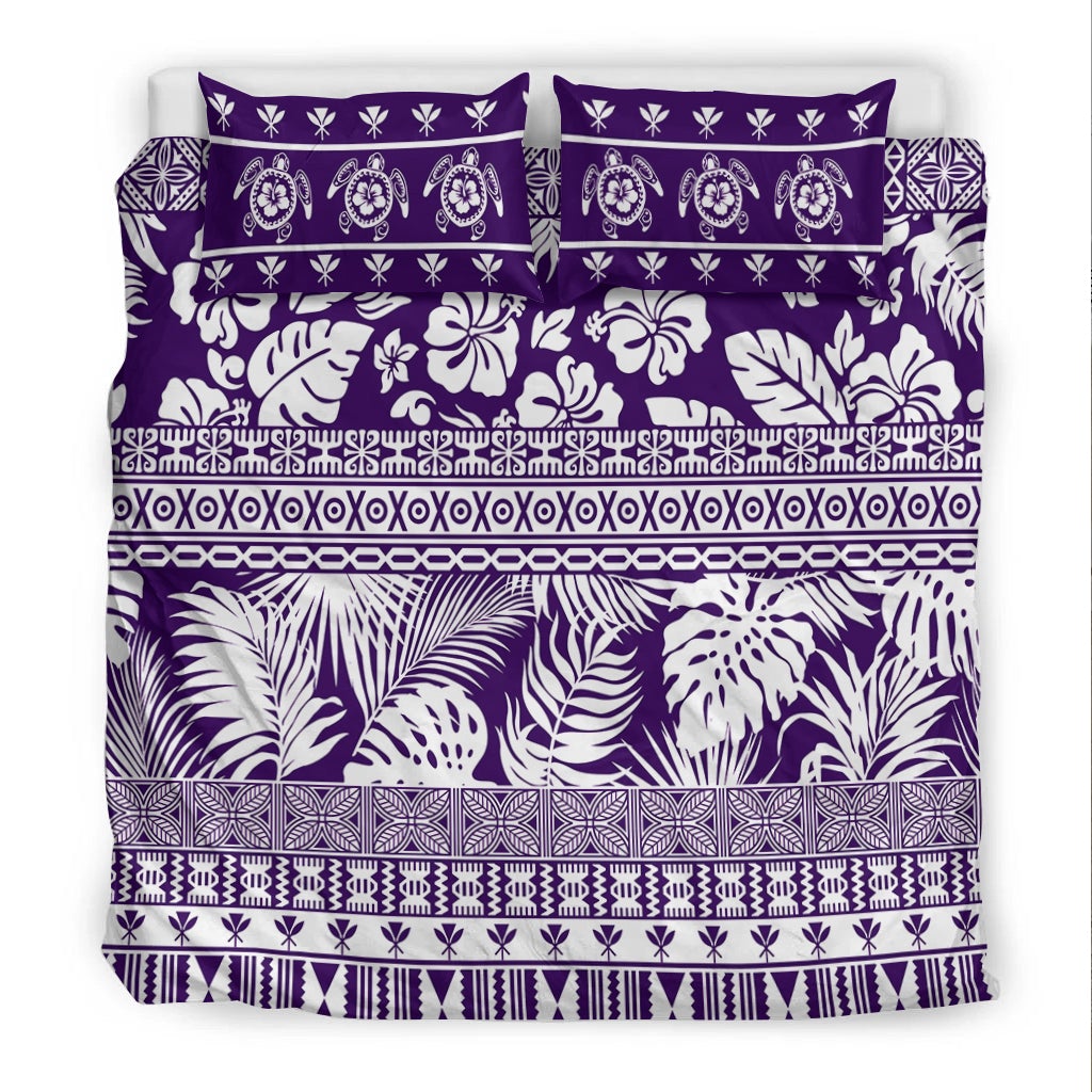 Purple & white patterned duvet cover with two pillowcases, flat lay